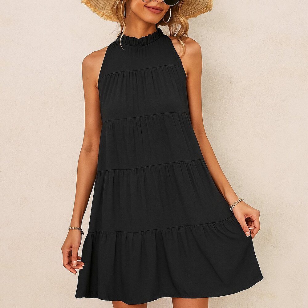 Anna Kaci NEW Black Tiered Ruffle Halter Neck Mini Dress Size S M L XL